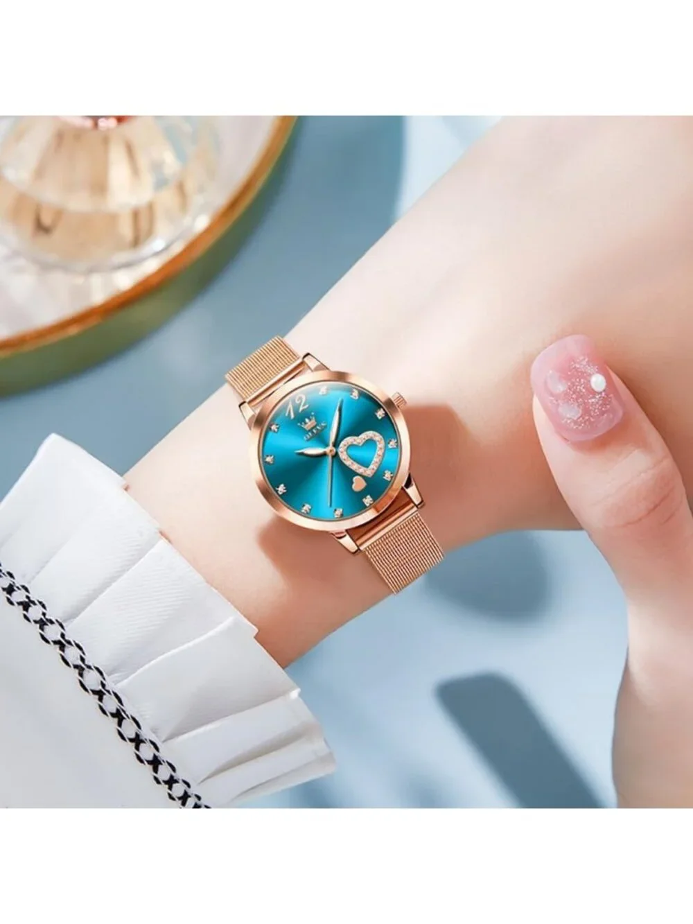 Women's Blue Mesh Strap Fashion Dress Hearts Quartz Bracelet Sets Ladies Watch